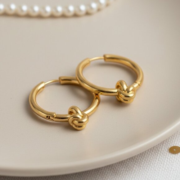 🆕️ Chic Knot Accent 18K Gold Hoop Earrings Trendy Stainless Steel Minimalist - Picture 5 of 12